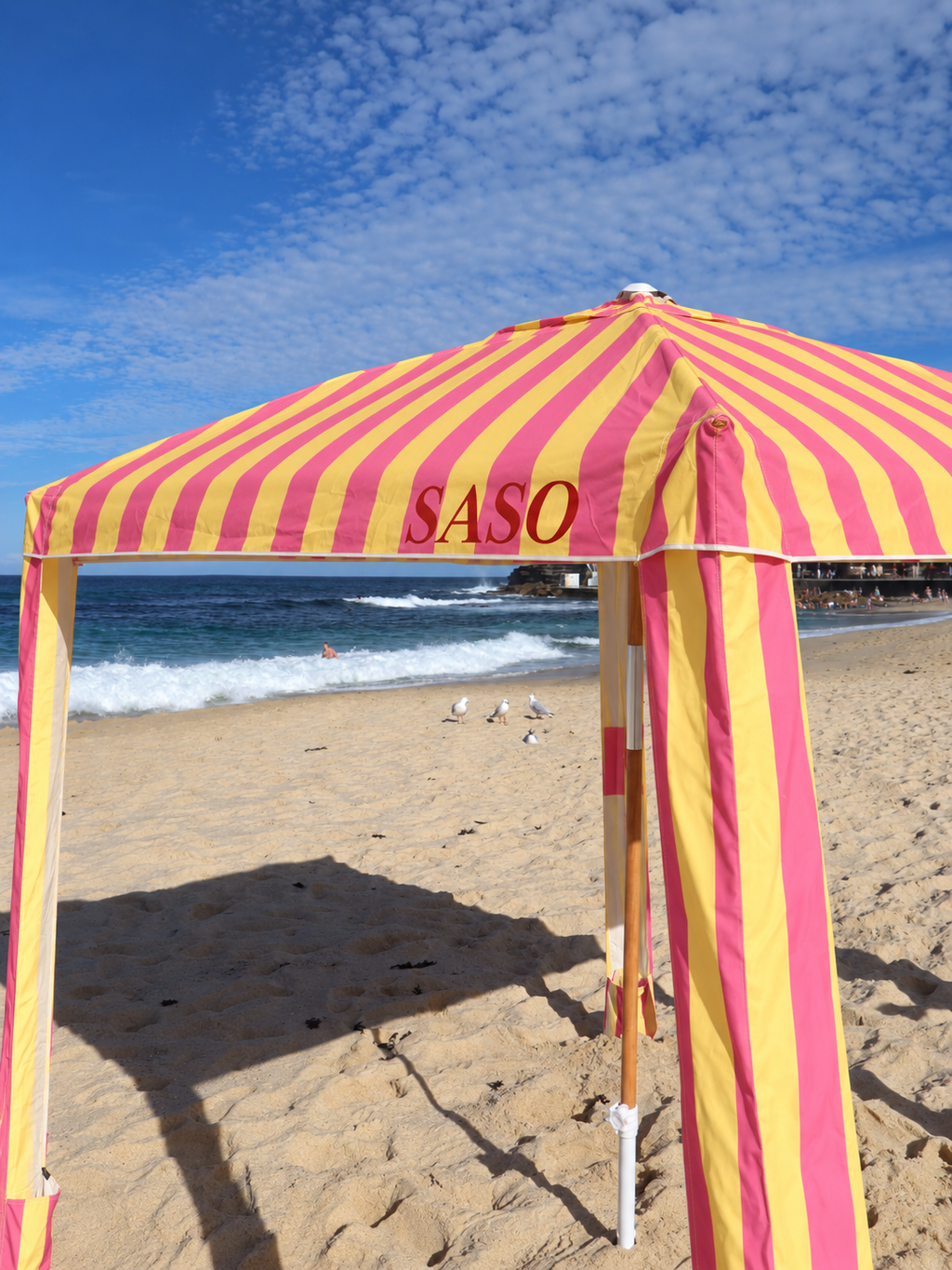 Close-up of SASO Kirra cabana pink and yellow striped canopy