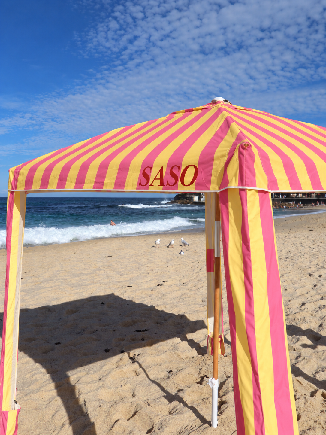 Close-up of SASO Kirra cabana pink and yellow striped canopy